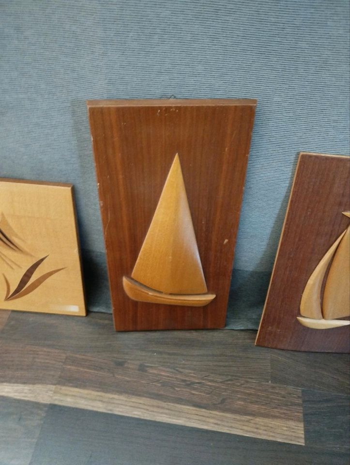 Vintage midcentury Wandbild Holzbild Bild Fische Boot Bilder Teak in Ladbergen