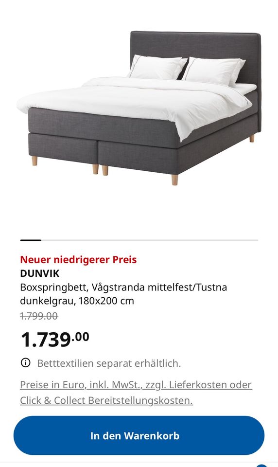 Ikea Dunvik Boxspringbett Grau mit Matratze Vatneström 180x220 cm in St. Leon-Rot