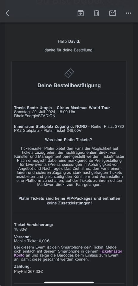 Travis Scott Konzert Köln Innenraum-Stehplatz (pk2) Platin Ticket in Langenfeld