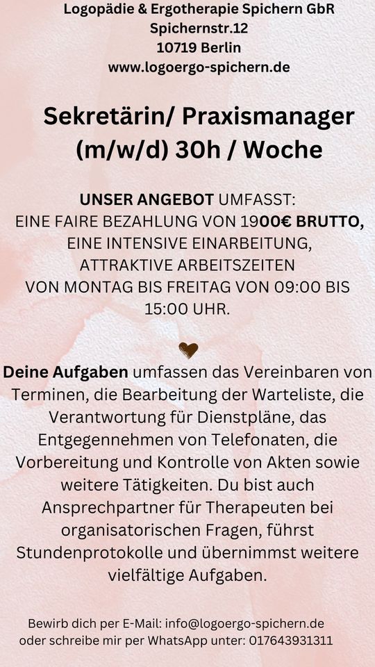 Praxismanagerin gesucht - Mo- Fr 09:00-15:00 in Berlin