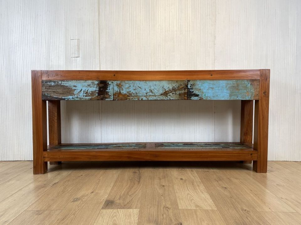 Boatwood by WMK #  Schöne & sehr schmale Konsole mit 3 Schubaden, ein aus altem Bootsholz handgefertigtes Unikat aus massivem Teakholz # Kommode Sideboard Garderobe Flurkommode Ablage Industrial Teak in Berlin