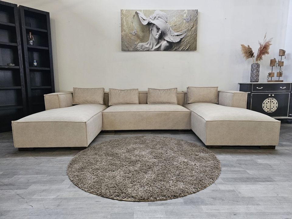 Wohnlandschaft Couch creme Samtoptik Sofa Polstersofa Polstergarn in Bielefeld