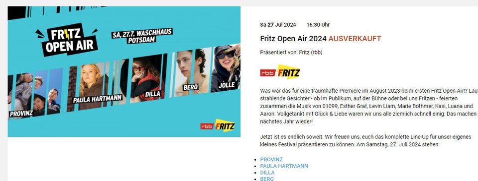 Suche FRITZ OPEN AIR 27.7.2024 in Berlin