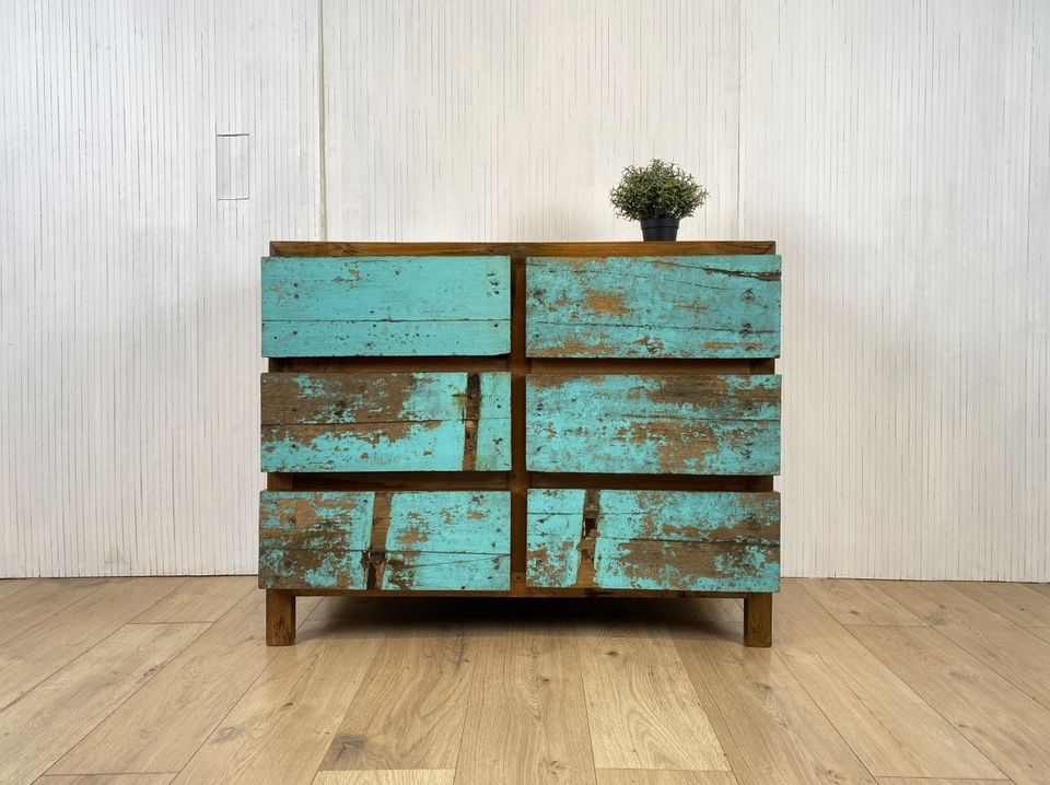 Boatwood by WMK # Schöne, meeresblaue Schubladenkommode aus altem Bootsholz, ein handgefertigtes Unikat aus massivem Teakholz # Schrank Kommode Wäschekommode Sideboard Wickelkommode Flurkommode Teak in Berlin