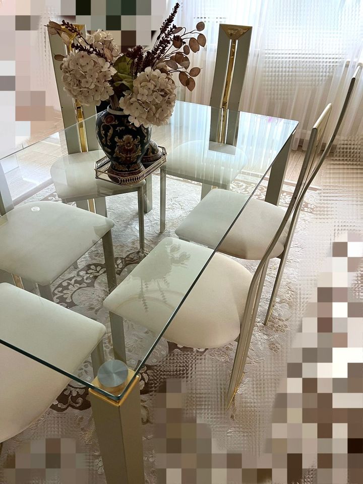 Esstisch Essgruppe Tisch Stühle 6 Personen gold beige Glasplatte in Mutlangen