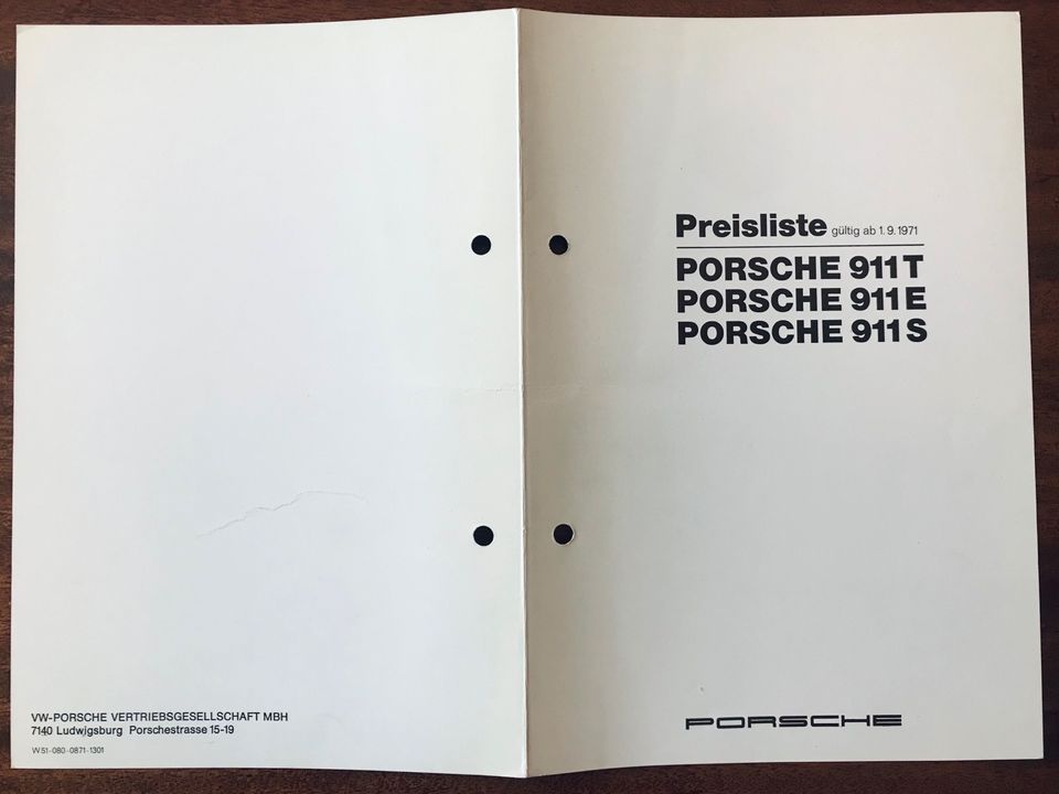 Preisliste VW Porsche 911 T / 911 E / 911 S gültig ab 1.9.1971 in Nürnberg (Mittelfr)