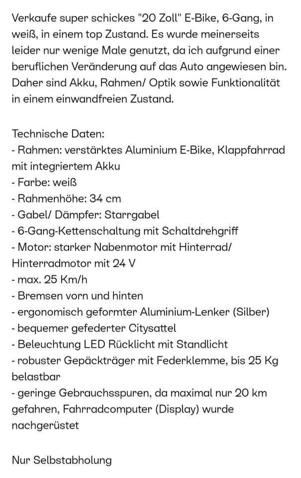E-Bike Elekro Klapp-/Faltfahrrad, "20 Zoll", 6-Gang in weiß in Cottbus