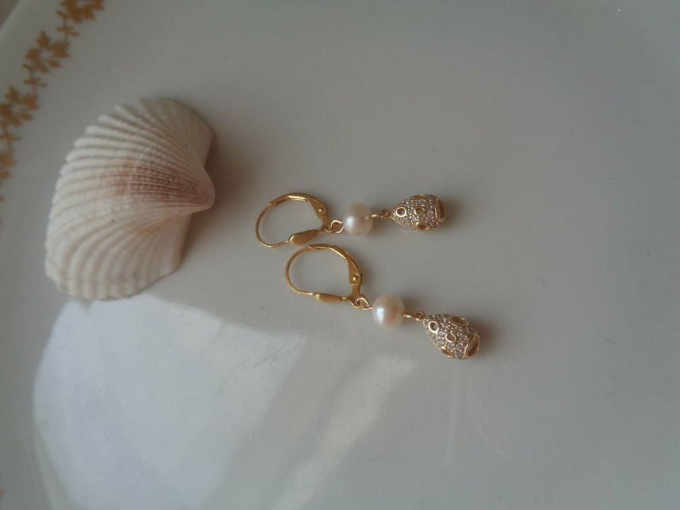 Gold Ohrringe mit Perlen und Tropfen, 585 Gold Filled in Wittenberg