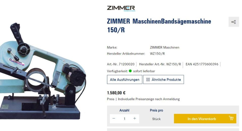 ZIMMER Maschinen Metall Bandsägemaschine 150/R Neuwertig in Walldorf