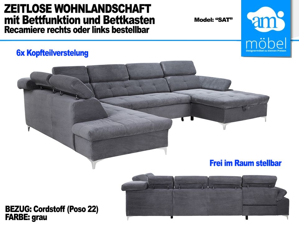 Sofa Couch Wohnlandschaft U Form Bettfunktion-Bettkasten grau in Bremen