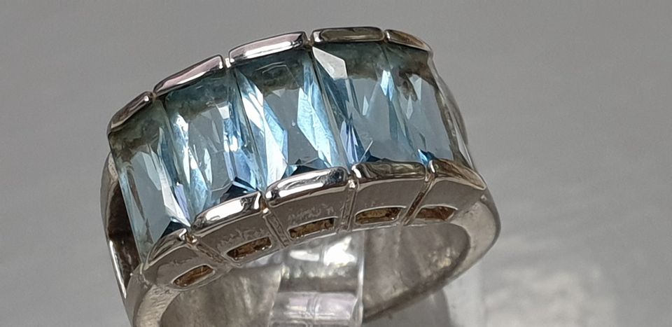 925 Silber Bandring - 5 Blautopas Baguette Steine RG 54/17,2 mm in Bacharach