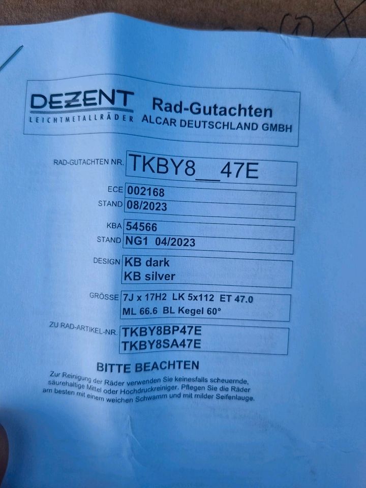 DEZENT KB Dark felgen 7x17zoll et47 5x112lk ml66.6 alufelgen in Weißenfeld