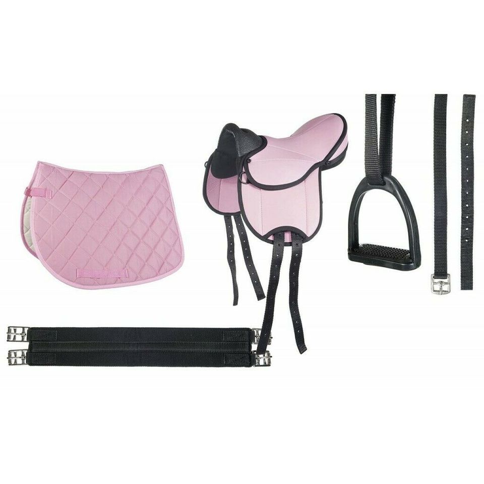 Sattelset 5-teilig,Shettysattel für Shetty,Holzpferd, Set best. aus Sattel, Satteldecke, Schabracke, Steigbügel, Steigbügelriemen ,Farbe pink - weitere Farben blau,schwarz,rot,lila - Geschenkidee in Kempen