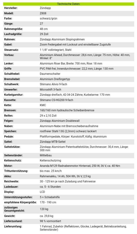 29 Zoll Zündapp Z808 MTB E-Bike Pedelec neu in Crailsheim