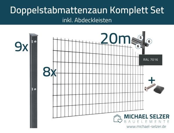 20m Doppelstabmatten Zaun RAL 7016 inkl. Pfosten m. Leiste H: 2 m in Zweibrücken