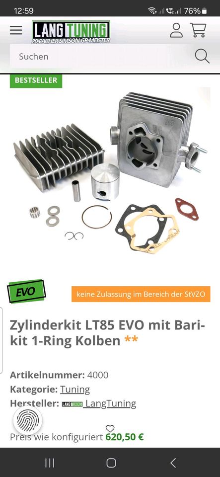 Simson Tuning LT 85 EVO Zylinder Kit Langtuning in Mansfeld