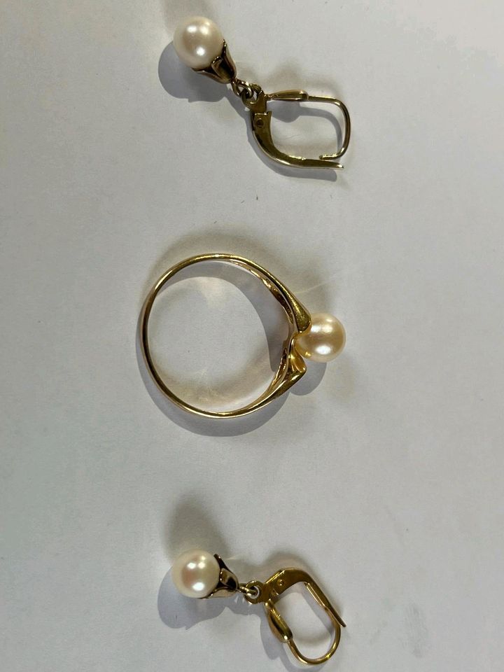 Schmuckset Perle Gold 585 333 Gelbgold 14 Kt Kette Ring Ohrringe in Boizenburg/Elbe