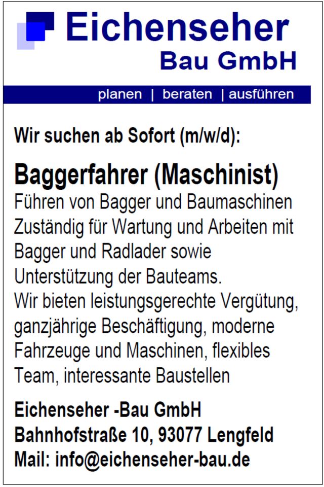 Wir suchen: Baggerfahrer (m/w/d) in Bad Abbach