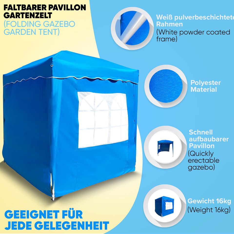 Faltpavillon 2x2 m ink 2 Seitenteile Wasserdicht Partyzelt BLAU in Essen