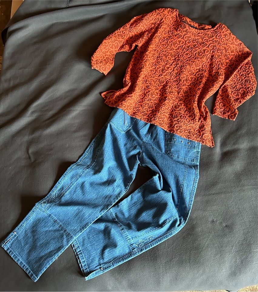 VINTAGE SET XL 80s - JEANS - FLORAL TOP - SHIRT APRICOT ab 5 € in Fuldatal