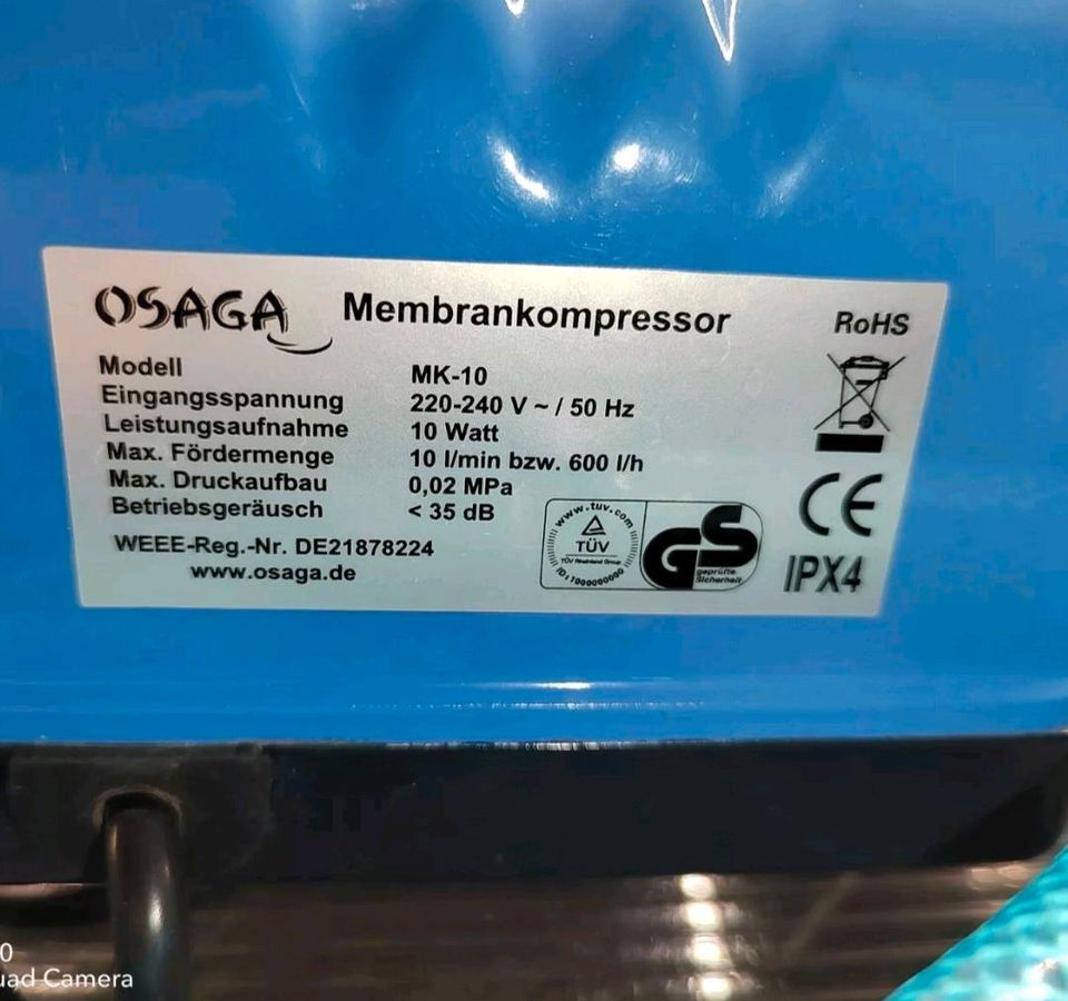 bis 02.06. Osaga MK10 Luftpumpe für Zuchtregale , Aquarium in Sondershausen