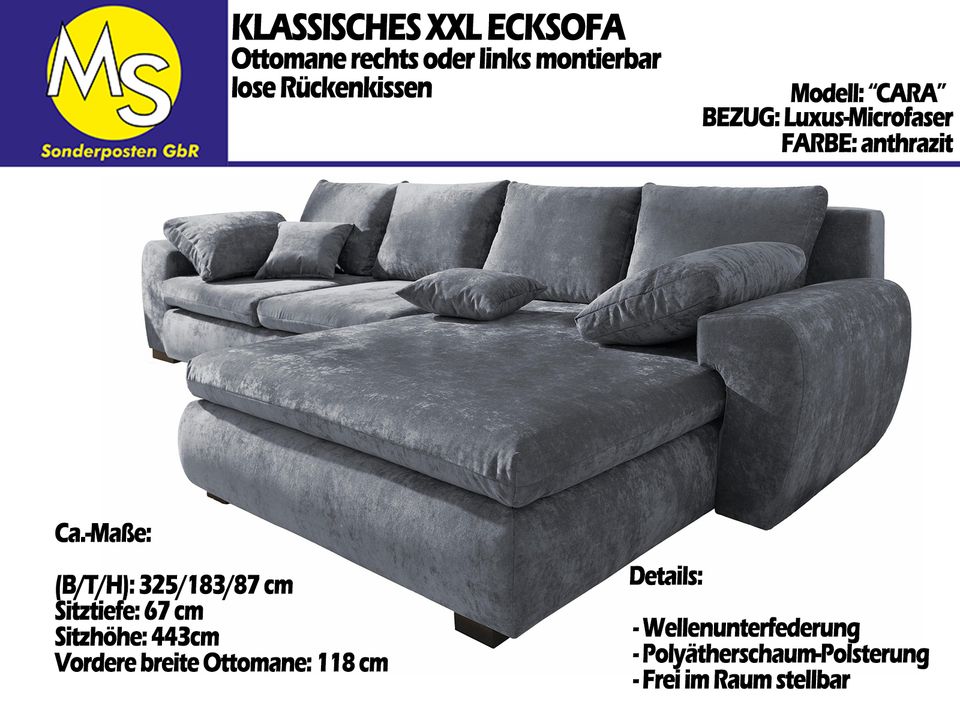 Sofa Couch Wohnlandschaft L Form in XXL, LUX-Microfaser grau in Mettingen