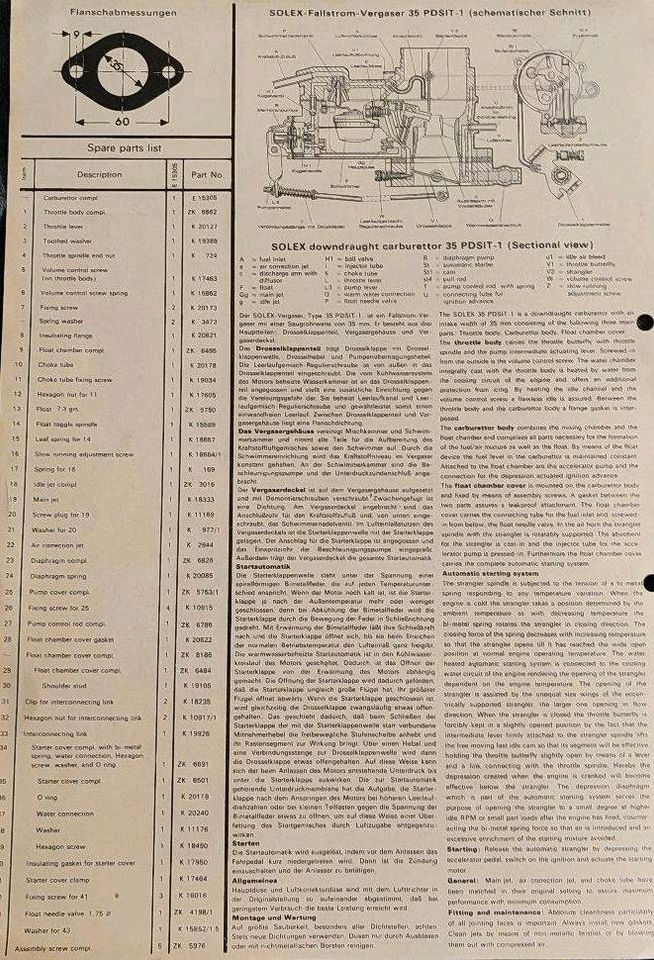 Vergaser Solex PDSIT-1 Techn. Zeichnung in Bochum