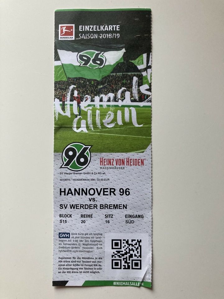 Eintrittskarte Hannover 96 - Werder 2018/19 in Stuhr