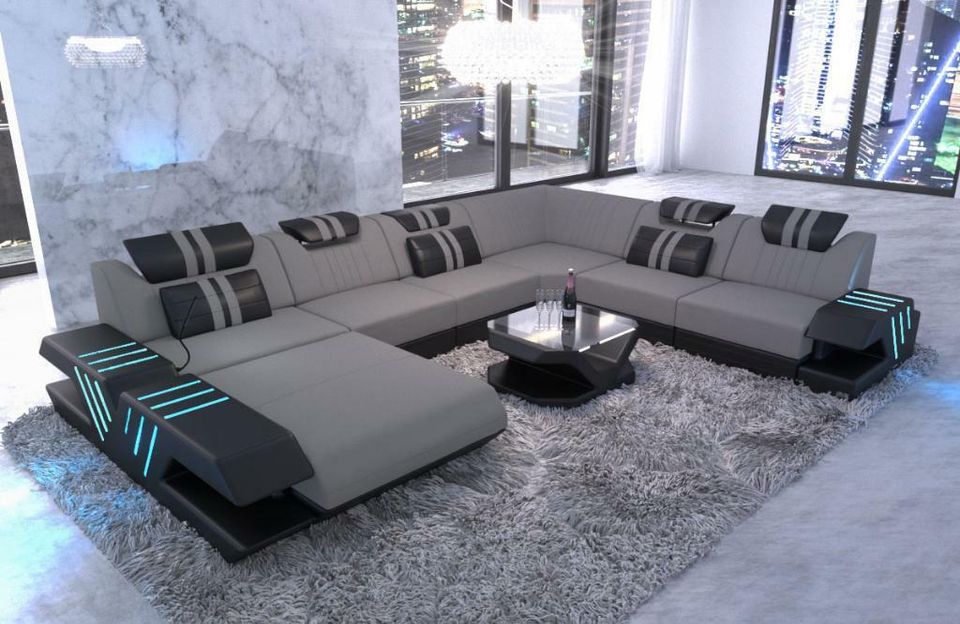 Stoff Sofa Wohnlandschaft Venedig XXL Couch mit Ottomane LED in Berlin