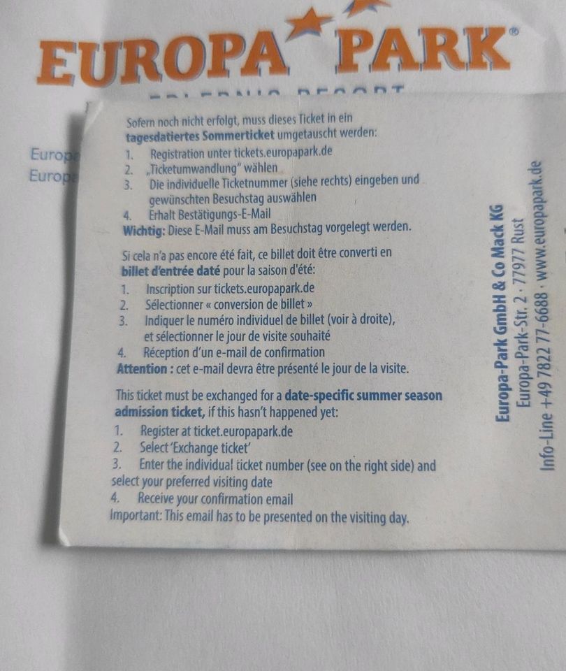 Europa Park Ticket, Europapark Karte in Bräunlingen