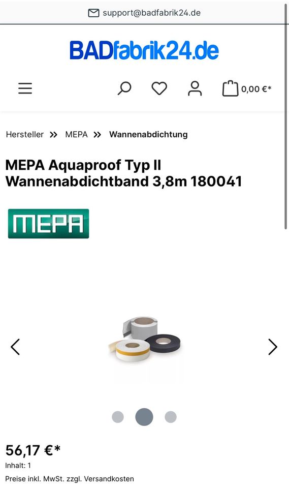 MEPA Aquaproof Typ II Wannenabdichtband 3,8m 180041 in Notzingen
