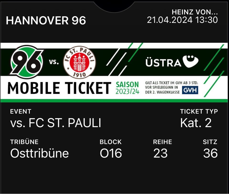 Verkaufe 2 Tickets Hannover vs st Pauli für Kauf preis in Hamburg