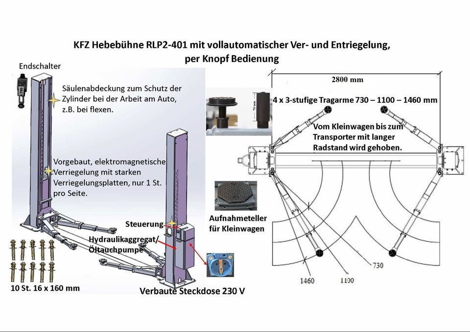 2 Säulen Hebebühne ALLE Arme 3-stufig 730-1460 mm, inkl. Öl 4t in Ebern