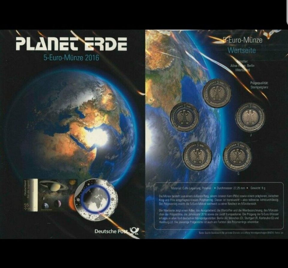 BRD 5 Euro Blauer Planet Erde 2016 A-D-F-G-J im Post Folder in Freilassing