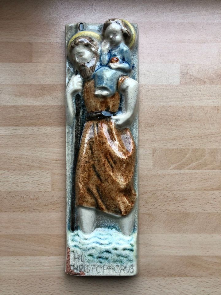 HL.Christophorus Wand Ton/Stein Bild bemalt u. glasiert von 1940 in Kornwestheim