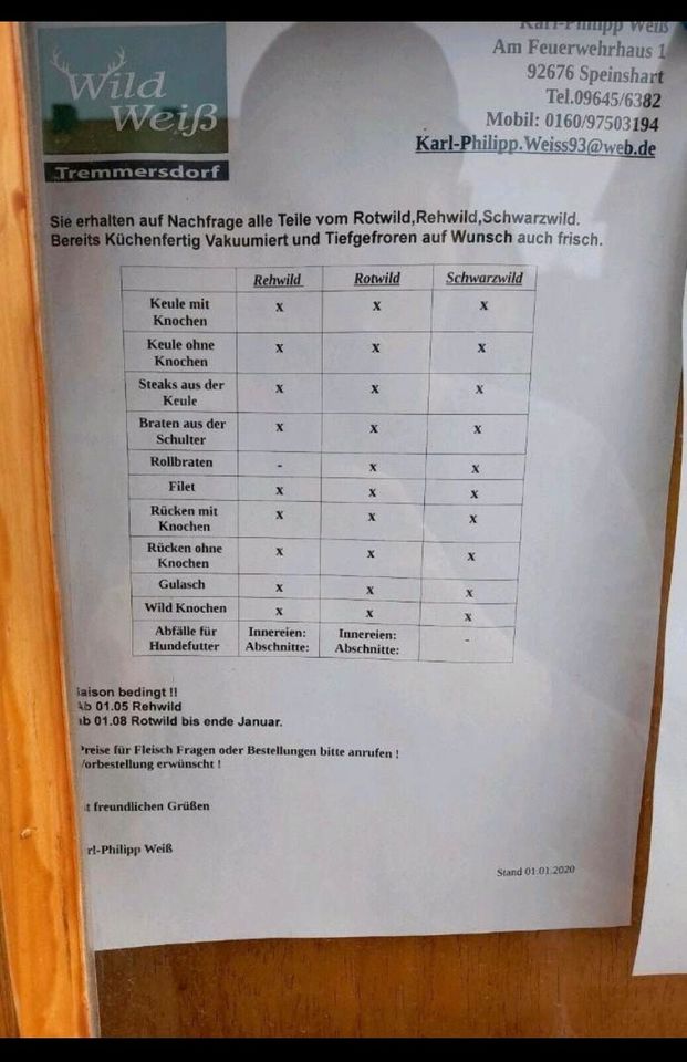 Wildfleisch aus der Region ! in Speinshart