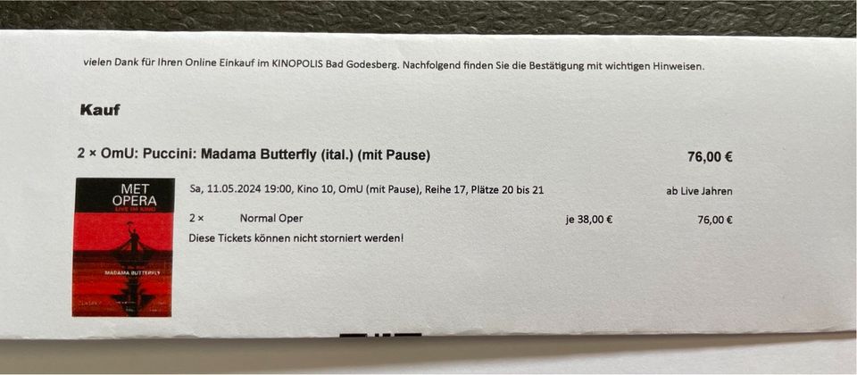 Kinokarten Met Opera Madame Butterfly 11.5.24 Bad Godesberg in Königswinter