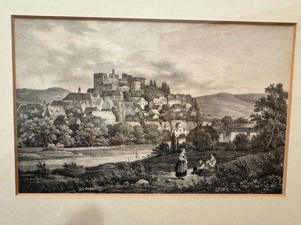 Lithografie Elsterberg 1837 aus Saxonia im Rahmen in Elsterberg