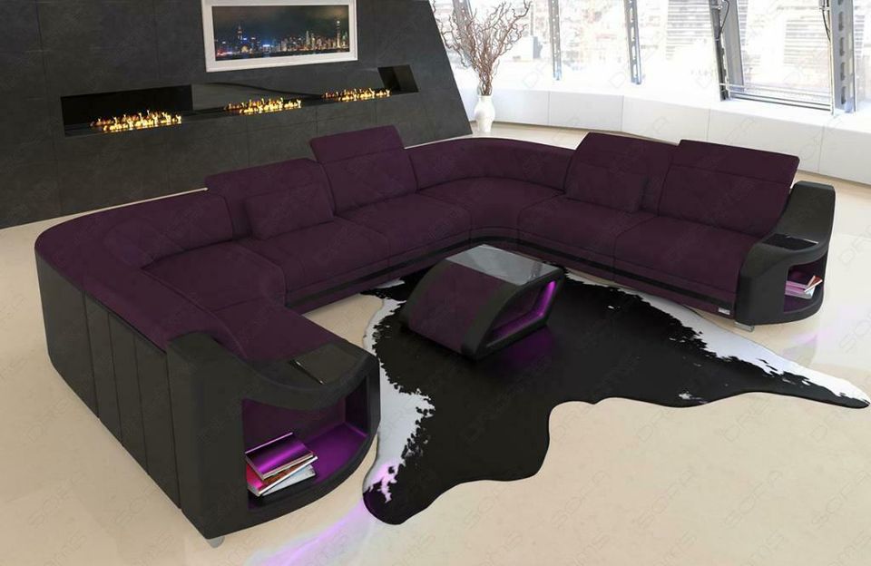 Stoff Sofa Couch Wohnlandschaft Genua U Form mit LED Beleuchtung in Berlin