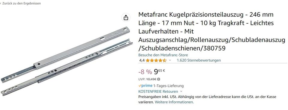 NEU Schubladenschienen/ Schubladenführungen 246mm(L)x17mm(B) in Königswinter