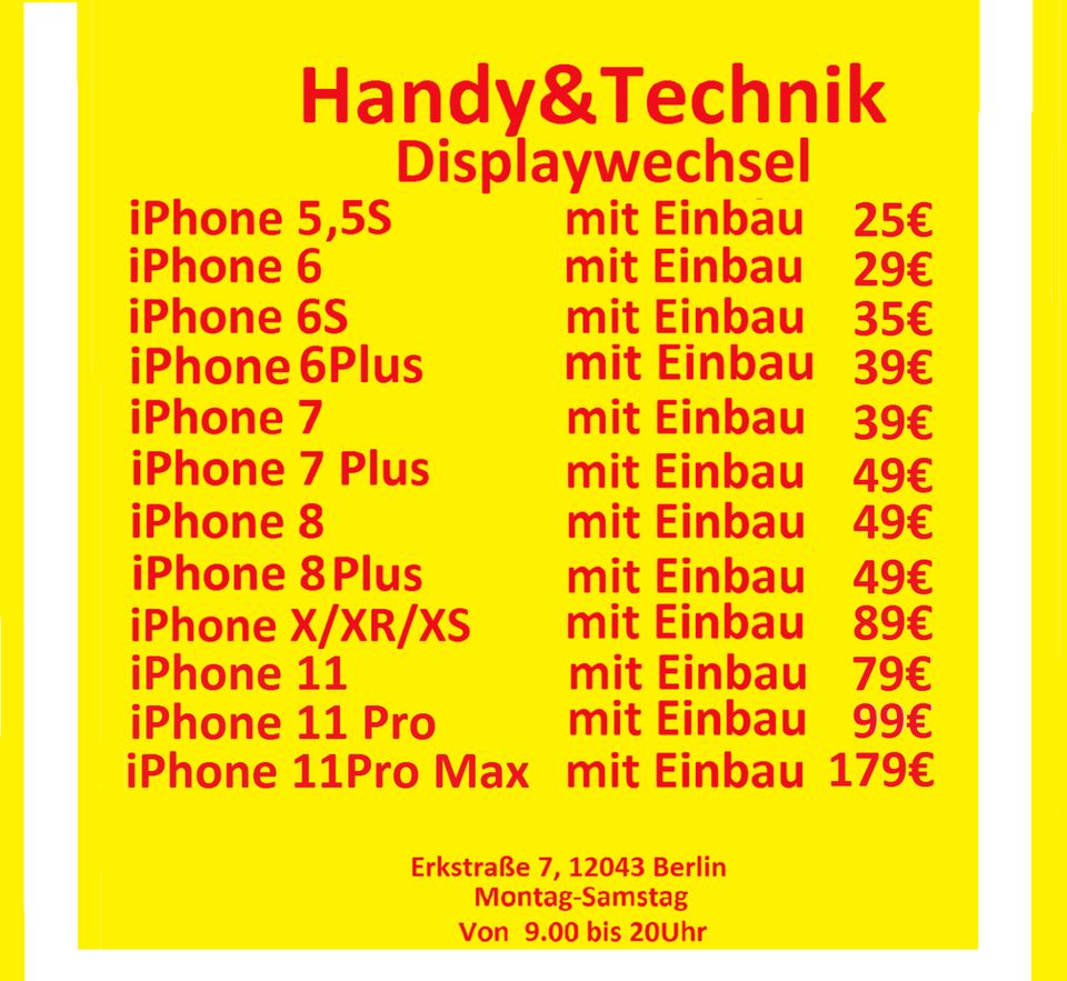 SOFORT Reparatur iPhone 5 5S 6 6S 6Plus 7 8 XS 11P Handy Display in Berlin