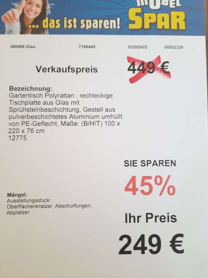 Gartentisch, Glas, Rattan, pulverbeschichtetes Alu statt 449 € in Glauchau