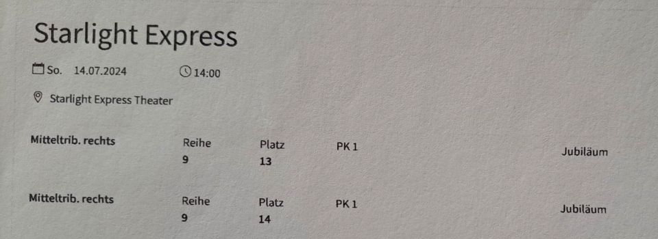 Starlight Express Ticket 2 Stück am 14.07.24 in Hanau