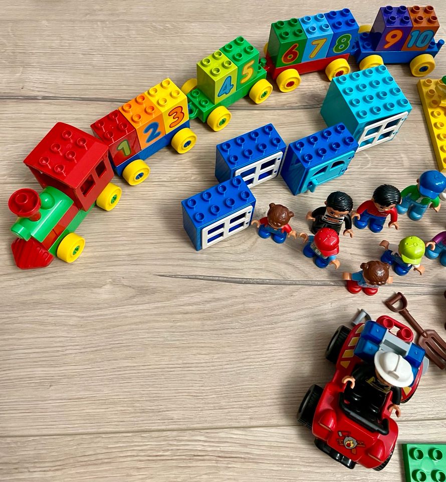 Lego Duplo - 356 Teile. Figuren, Tiere, Zug,Autos, Bagger, Blumen in Alfter