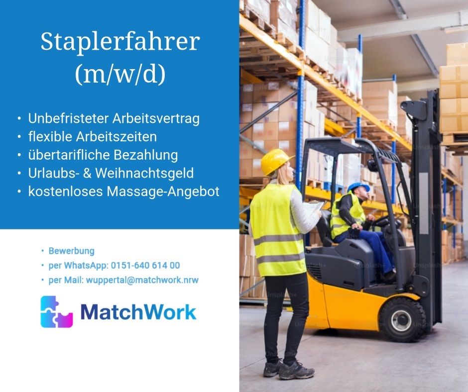 16,- €/Std. - sofort starten als Staplerfahrer (m/w/d) in Wuppertal