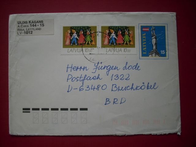 Briefmarken -- 7 Stck. echt gelaufene Briefe Lettland 1991 / 92 in Hanau