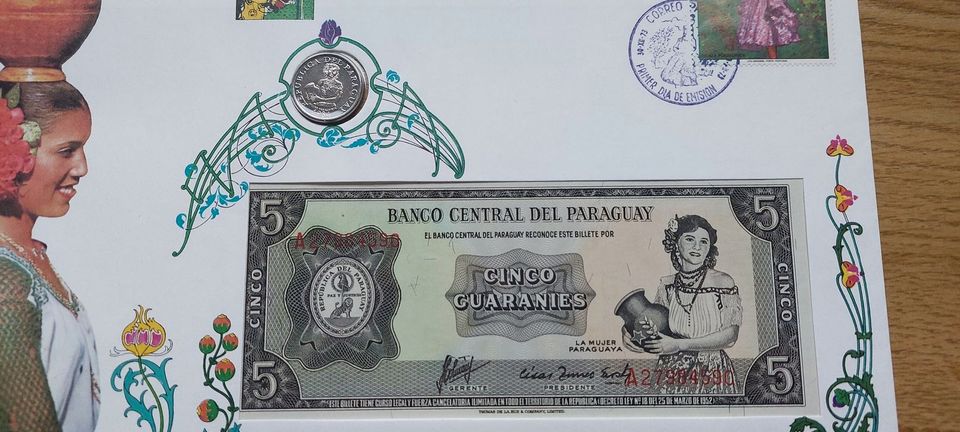 Numisbrief, Paraguay, mit 5 Guaranies Banknote und Münze in Bielefeld