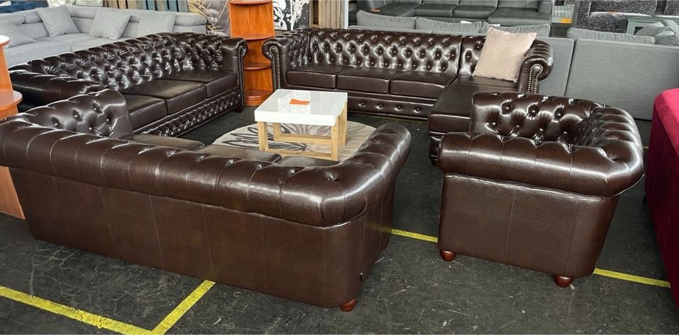 Sofa Chesterfield Set Ecksofa 3-Sitzer Sessel Kunstleder braun in Bielefeld