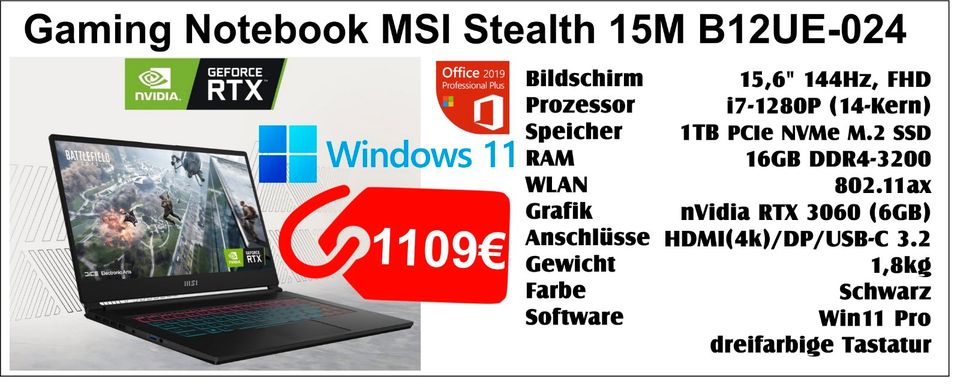 Gaming Notebook MSI Stealth 15M RTX 3060 (6GB) Neu mit Rechnung in Wetzlar