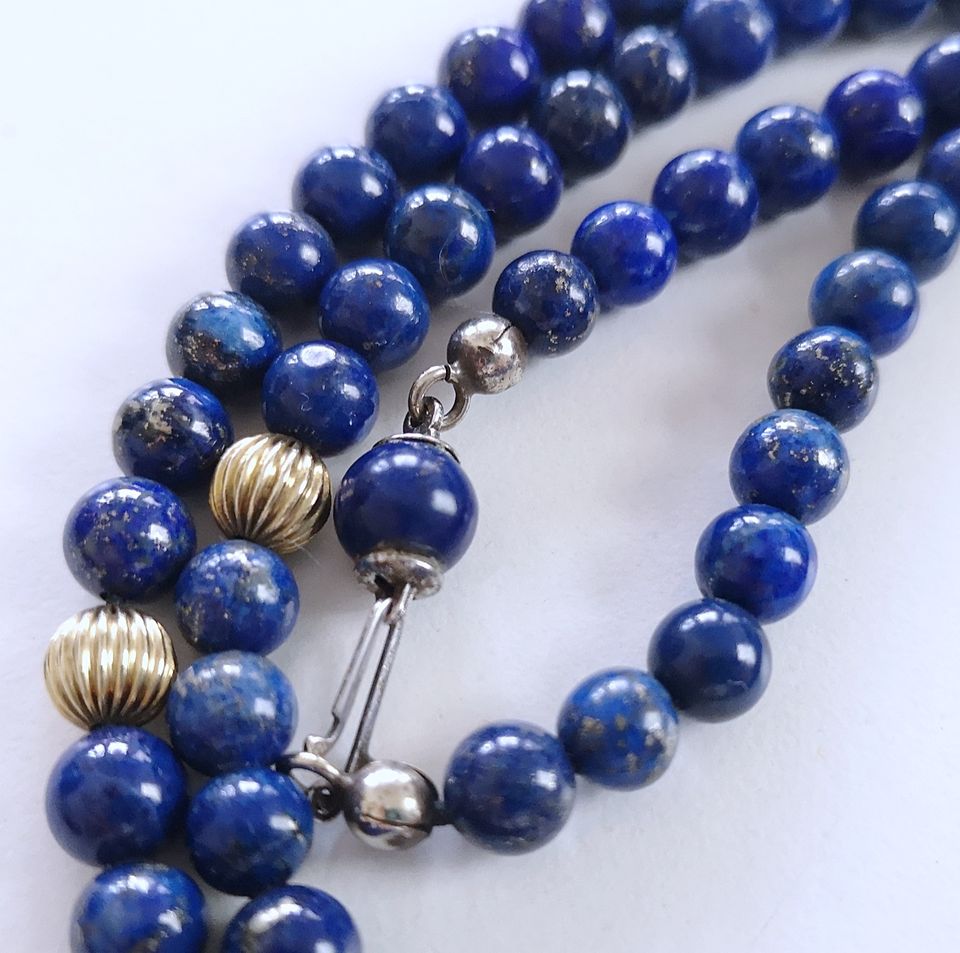 Vintage! Echte Lapislazuli-Edelsteinkette mit Gold-Kugeln 85 cm in Grebenstein